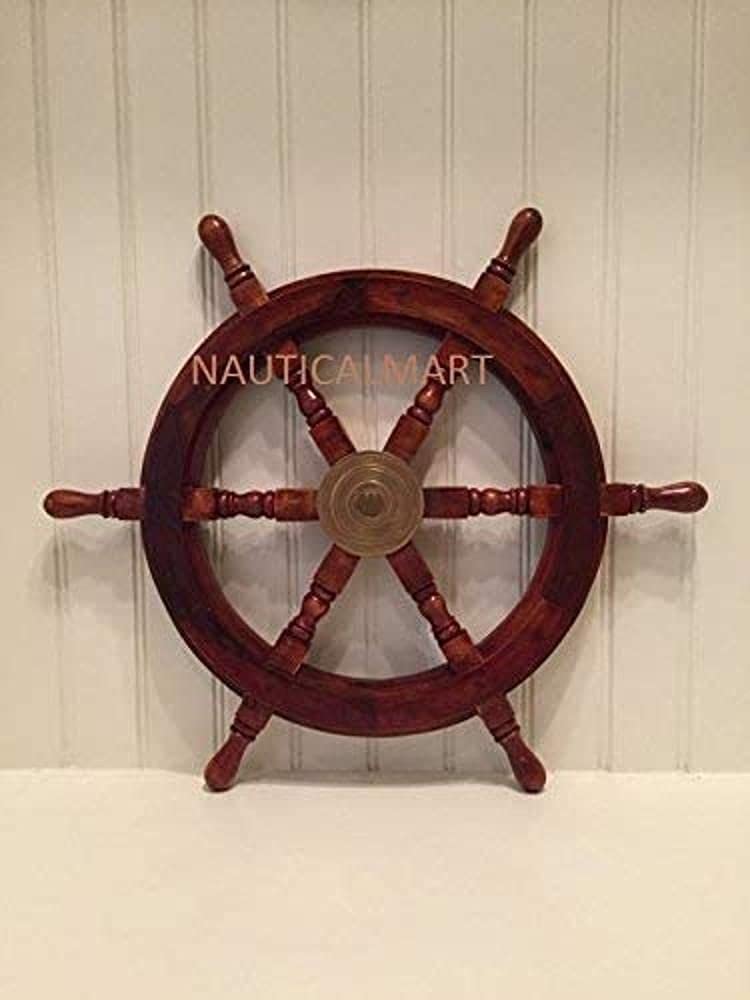 NauticalMart 24" Wood and Brass Nautical Ship Wheel Marine Decor Hand Crafted Boat Ship Steering Wheel Fish Wall Hanging Wheel for Home, Outdoor & Ocean - Image 2